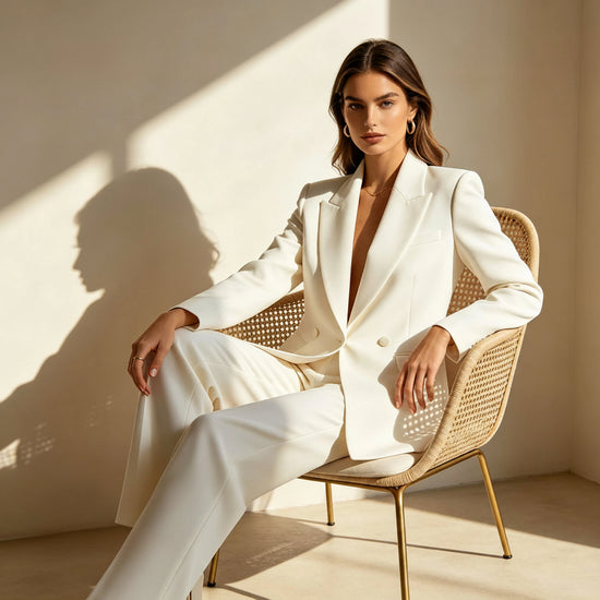 A woman models a white tailored blazer and matching trousers while seated on a woven chair in a sunlit interior. The image includes the text QHA UK at top left, WOMEN and Shop Now at bottom left, and a hamburger menu icon at top right.