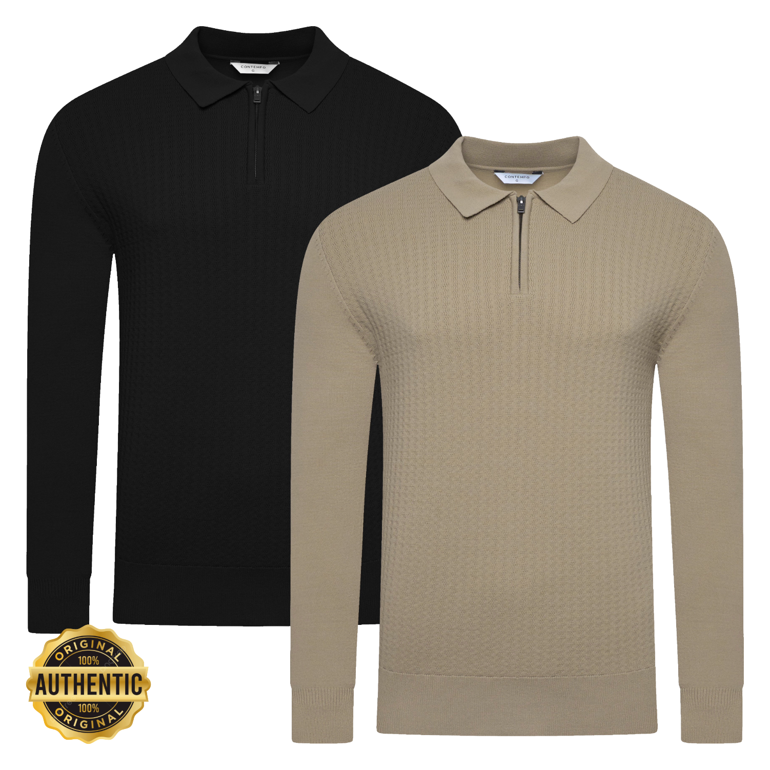 Contempo Mens Half Zip Polo Jumper Ribbed Knit Stretch Long Sleeve Casual Top