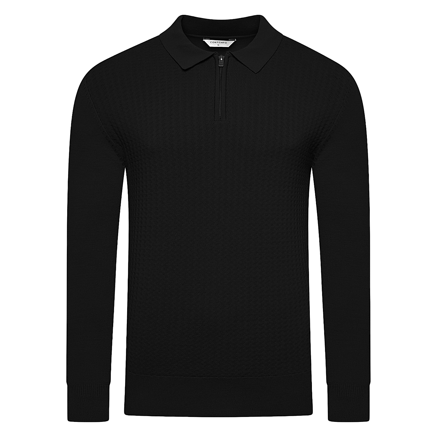 Contempo Mens Half Zip Polo Jumper Ribbed Knit Stretch Long Sleeve Casual Top