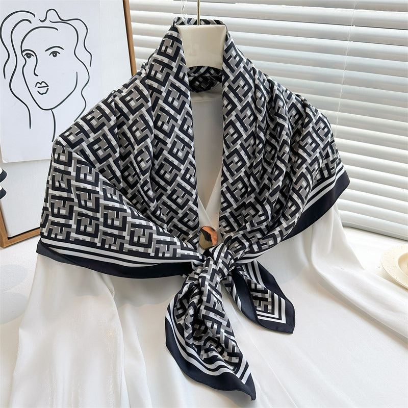 Women's Premium Twill Silk Scarf, Large Printed 90/90cm Striped Square Scarf