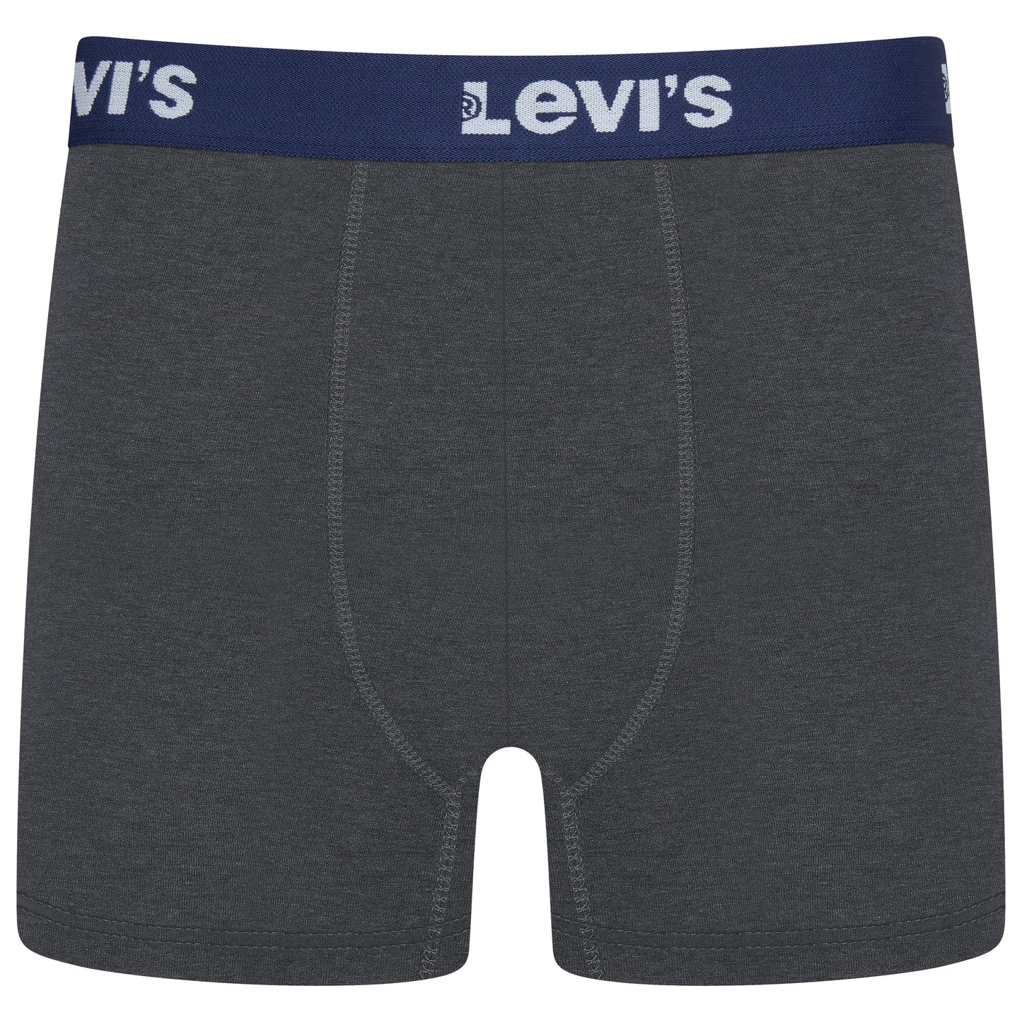 A pair of dark gray heathered Levi's boxer briefs with a navy blue elastic waistband featuring the white Levi's logo.