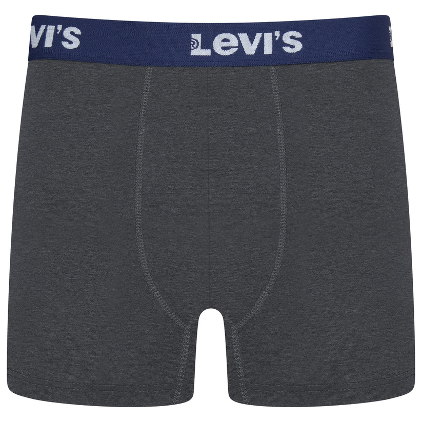 A pair of dark gray heathered Levi's boxer briefs with a navy blue elastic waistband featuring the white Levi's logo.