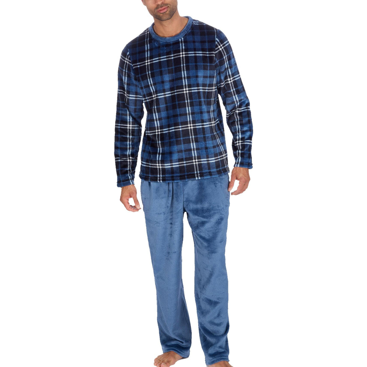 Cargo Bay Men's Check Fleece Lounge Set with Crew Neck Top and Pockets