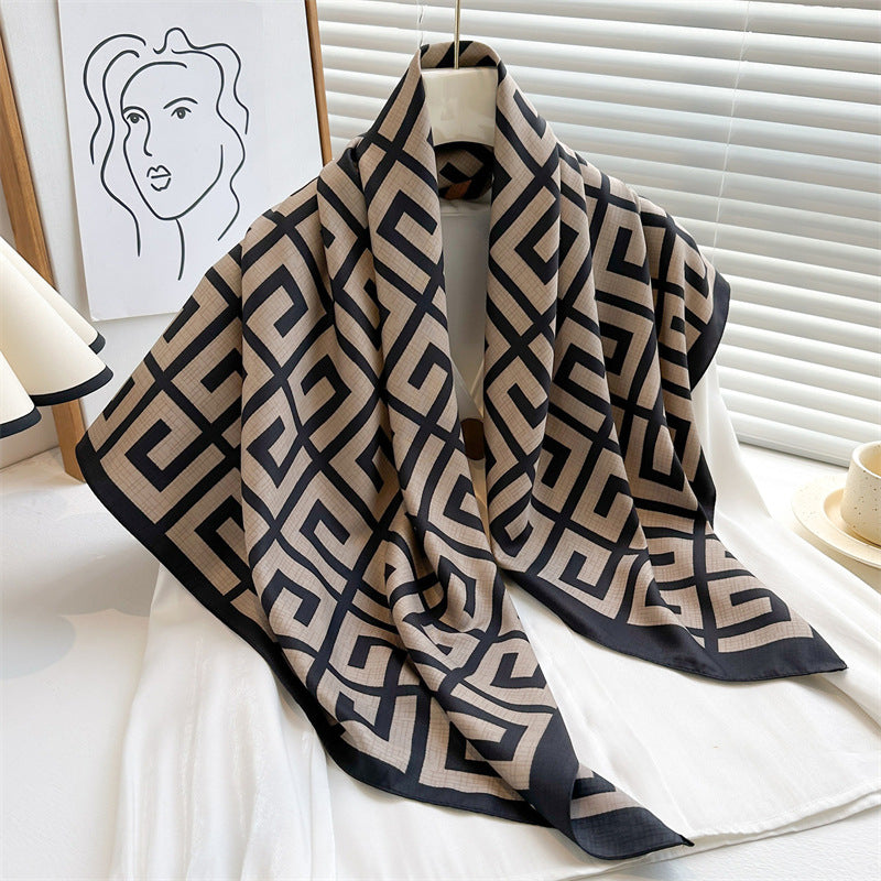 Women's Premium Twill Silk Scarf, Large Printed 90/90cm Striped Square Scarf