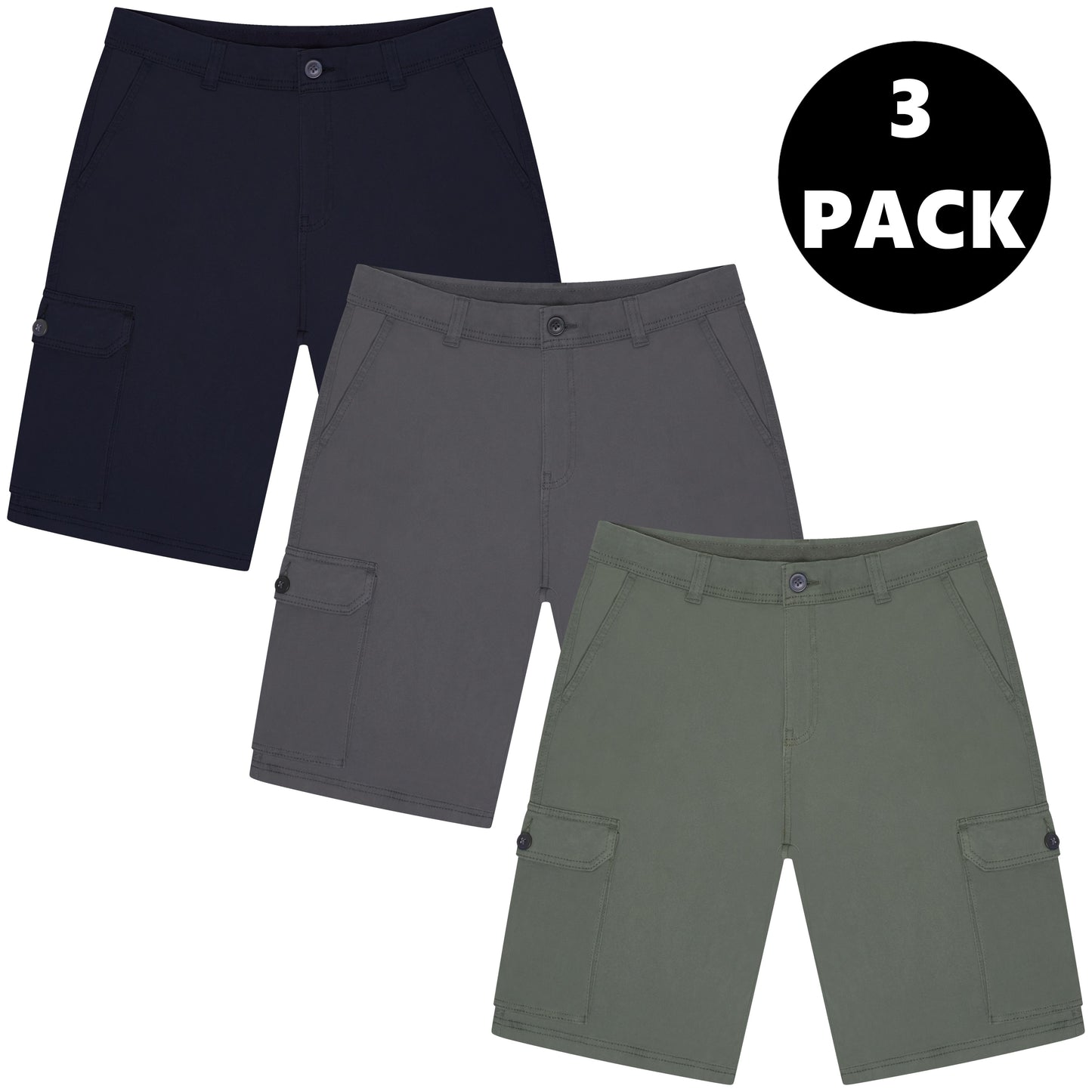 Men's 6 Pocket Cargo Shorts | Navy, Charcoal & Khaki | Waist 30"-44"