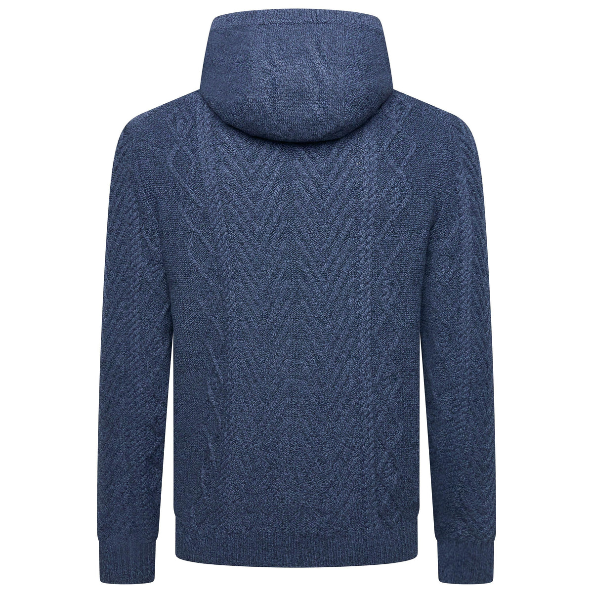 A navy blue cable-knit pullover hoodie shown from the back, featuring a textured chevron pattern and ribbed cuffs and hem, set against a plain white background.