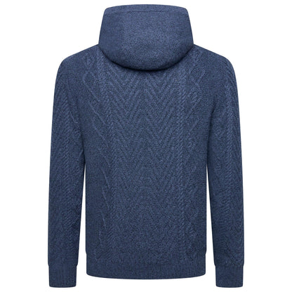A navy blue cable-knit pullover hoodie shown from the back, featuring a textured chevron pattern and ribbed cuffs and hem, set against a plain white background.