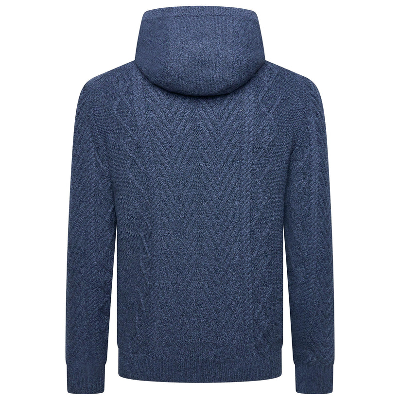 A navy blue cable-knit pullover hoodie shown from the back, featuring a textured chevron pattern and ribbed cuffs and hem, set against a plain white background.