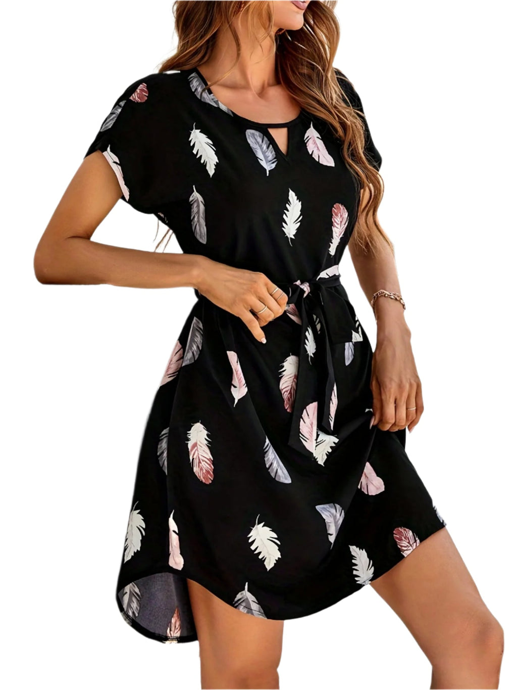Women's Summer Vacation Style Print Tunic Dress with Batwing Sleeves and Belt Detail, 100% Polyester Crew Neck Lightweight Woven Dress