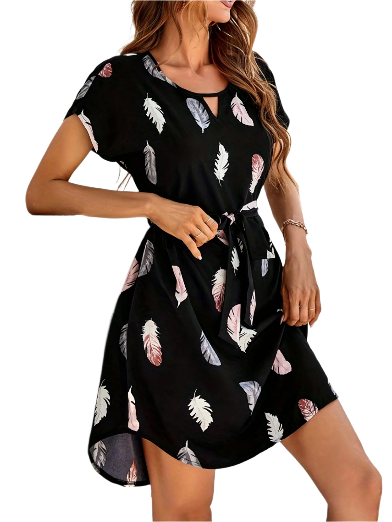 Women's Summer Vacation Style Print Tunic Dress with Batwing Sleeves and Belt Detail, 100% Polyester Crew Neck Lightweight Woven Dress