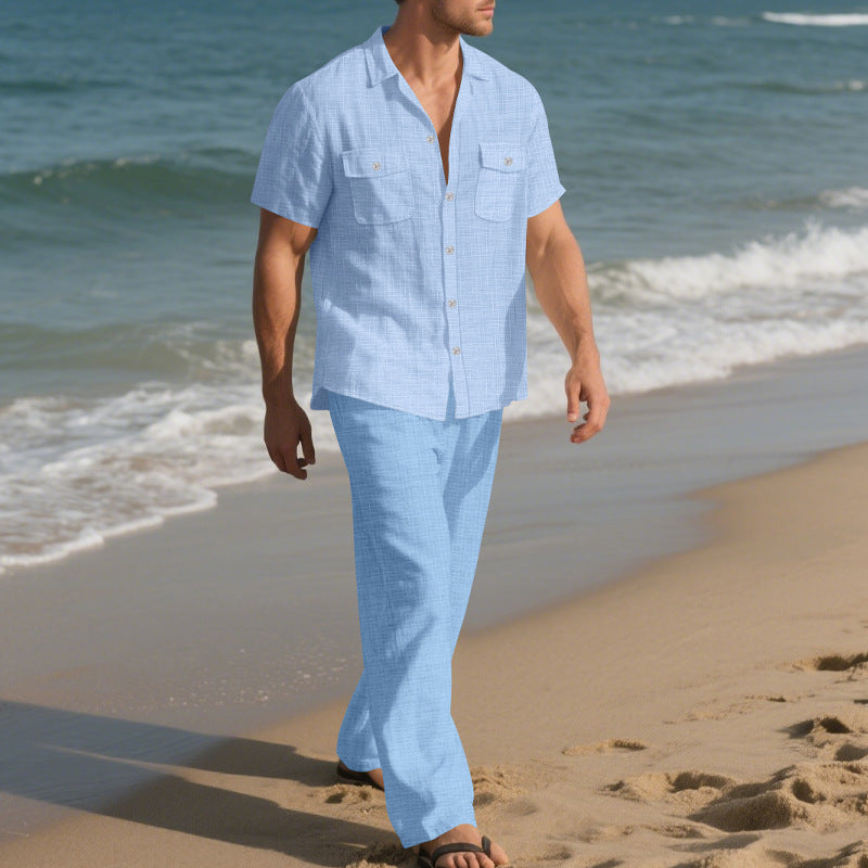 Men's Short Sleeve Shirt and Trousers, Beach Suit for Men