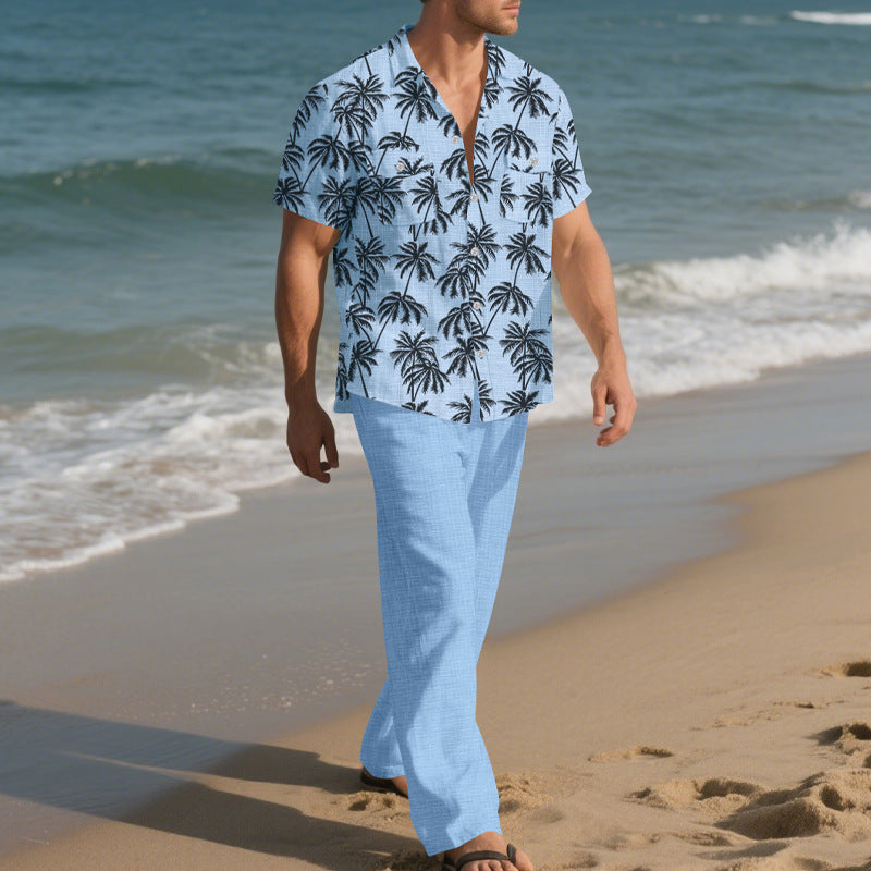 Casual Loose Shirt and Trousers Set, Two-pieces Beach Suit For Men