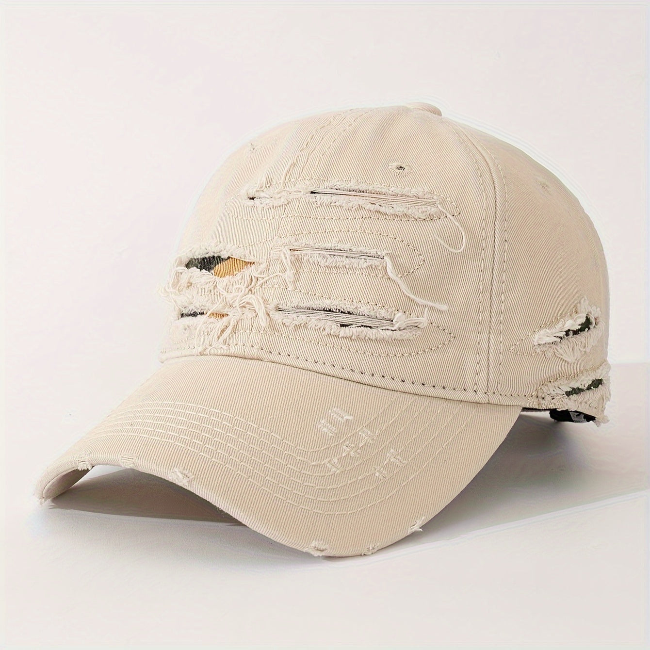 Lightweight Design Adjustable Baseball Cap with Embroidered Back Text, Distressed Multi-Layer Fabric Design –