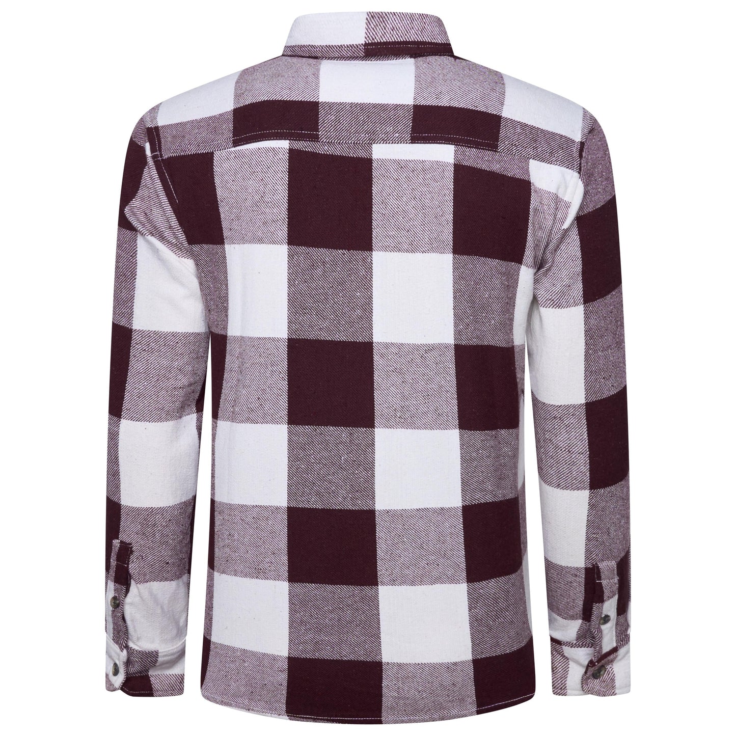 A men's long-sleeve plaid button-up shirt shown from the back, featuring a checkered pattern of dark burgundy, white, and heather gray blocks.