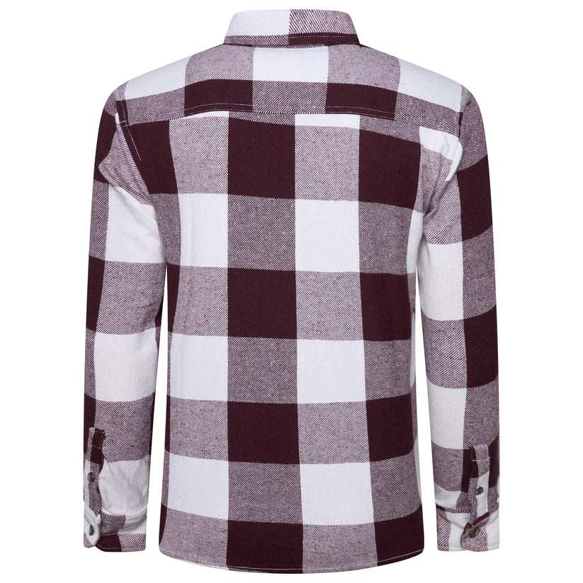 A men's long-sleeve plaid button-up shirt shown from the back, featuring a checkered pattern of dark burgundy, white, and heather gray blocks.