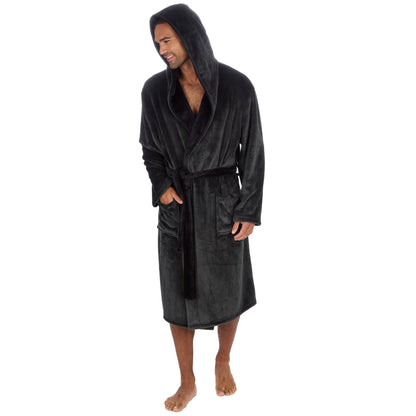 Pierre Roche Men's Hooded Fleece Dressing Gown with Contrast Belt & Pockets