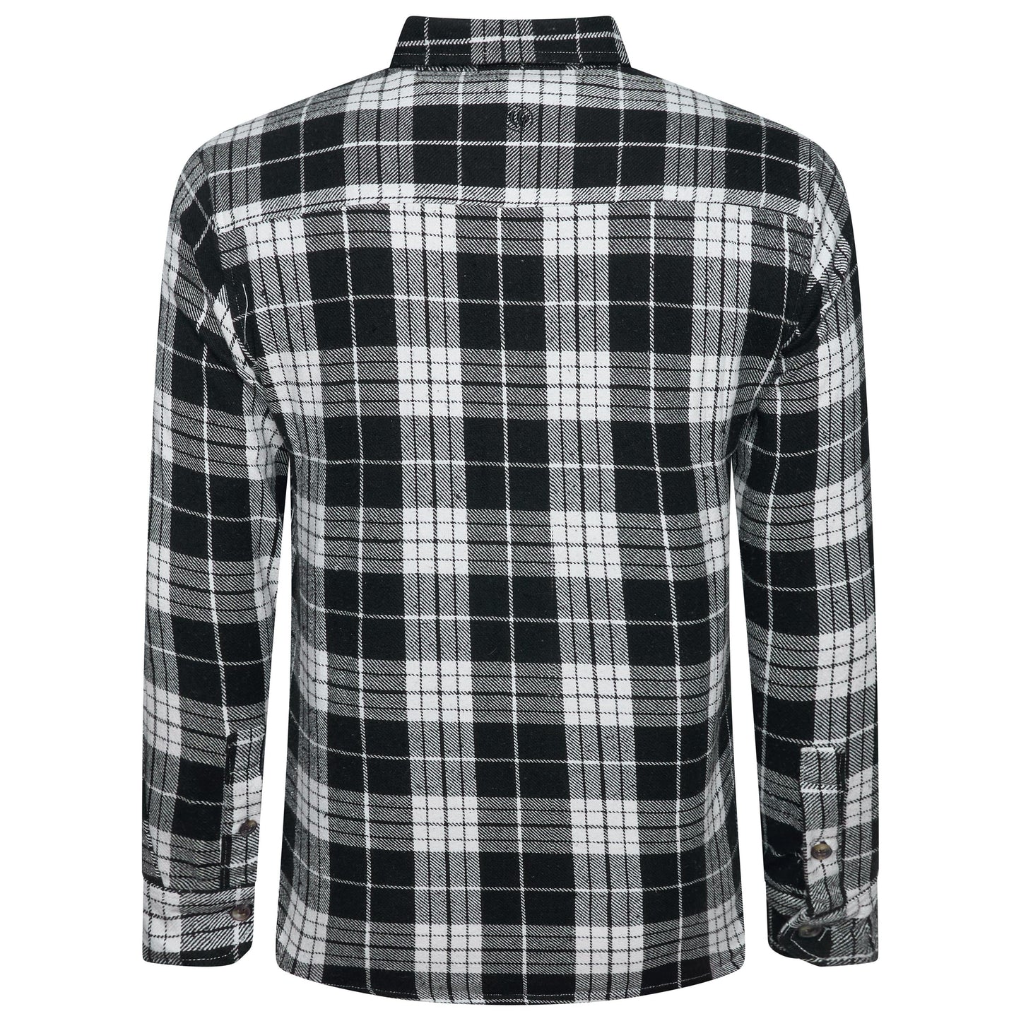 A long-sleeve plaid flannel shirt shown from the back, featuring a black, white, and gray checkered pattern on a plain white background.