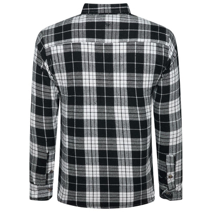 A long-sleeve plaid flannel shirt shown from the back, featuring a black, white, and gray checkered pattern on a plain white background.