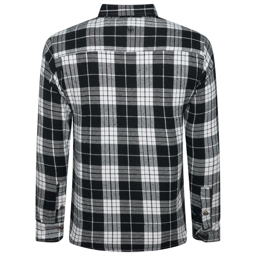 A long-sleeve plaid flannel shirt shown from the back, featuring a black, white, and gray checkered pattern on a plain white background.