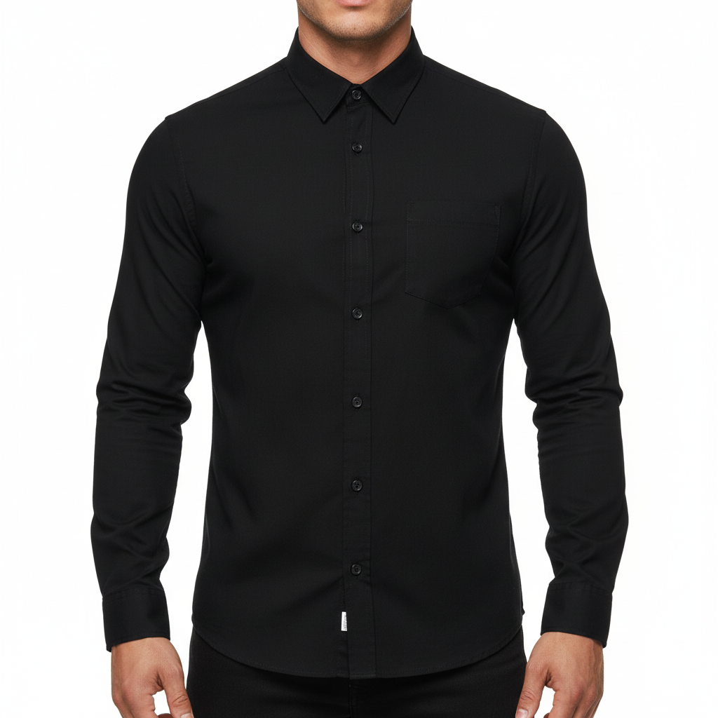 A black long-sleeve button-down shirt with a single chest pocket featuring a tonal embroidered logo, displayed on a clean white background.
