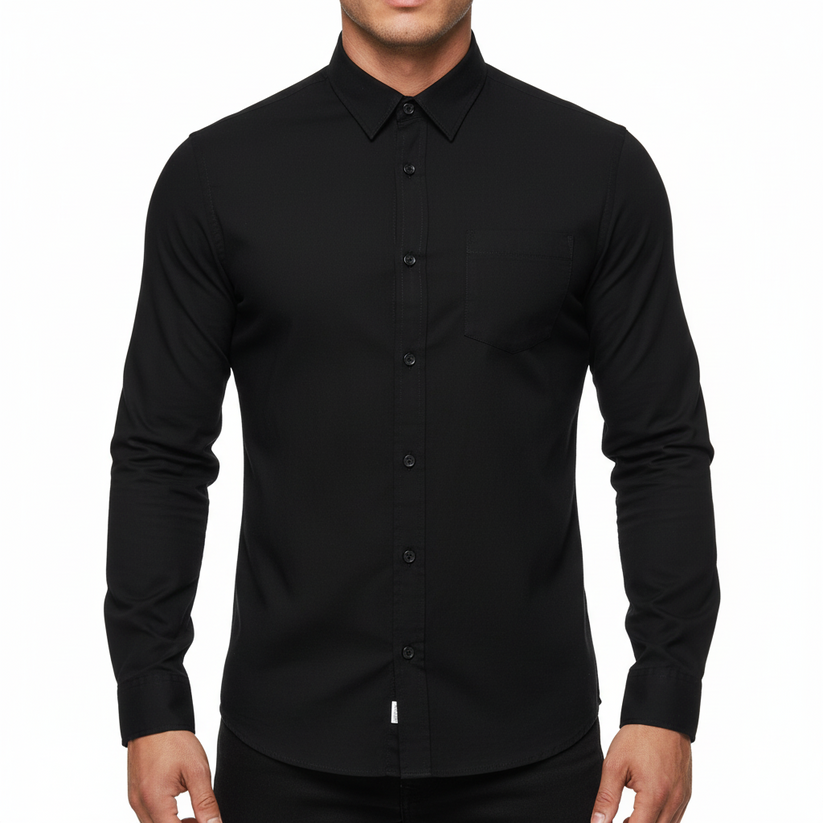 A black long-sleeve button-down shirt with a single chest pocket featuring a tonal embroidered logo, displayed on a clean white background.