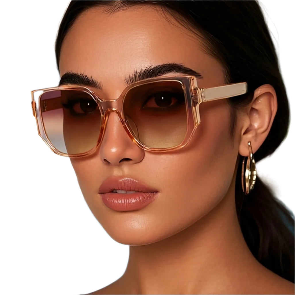 Women's Square Frame Fashion Glasses - Metal Frame, Polycarbonate Lenses, Decorative Eyewear with Elegant Button Earrings