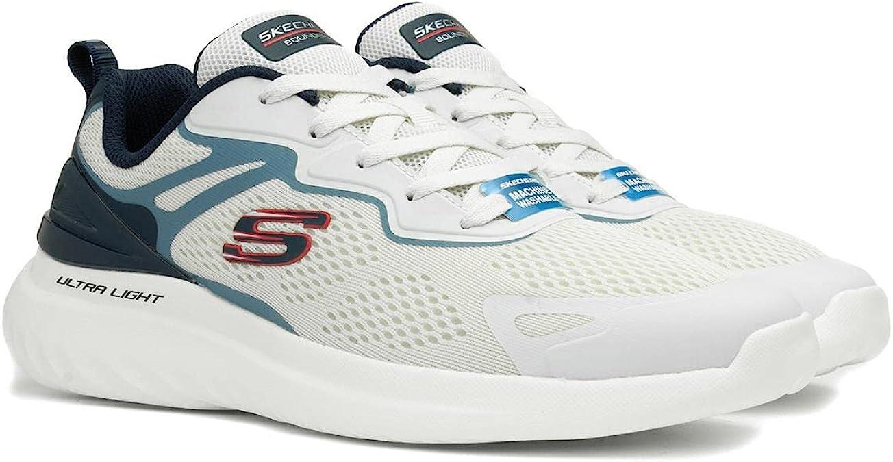 Skechers (232674) Men's Bounder 2.0 - Andal Lace-Up Athletic Style Shoes in White/Navy 8 to 13