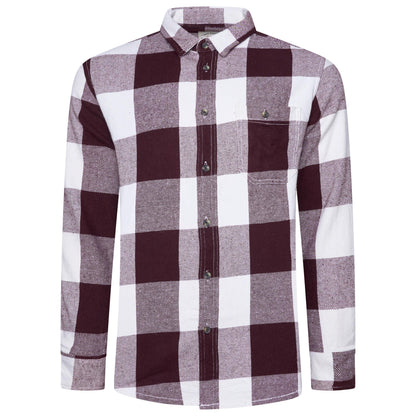 A men's long-sleeve button-up flannel shirt featuring a large checkered plaid pattern in white, heather gray, and dark burgundy. It has a classic collar, a chest pocket with a button closure, and dark buttons.