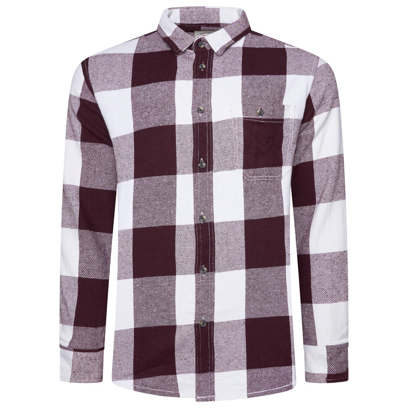A men's long-sleeve button-up flannel shirt featuring a large checkered plaid pattern in white, heather gray, and dark burgundy. It has a classic collar, a chest pocket with a button closure, and dark buttons.