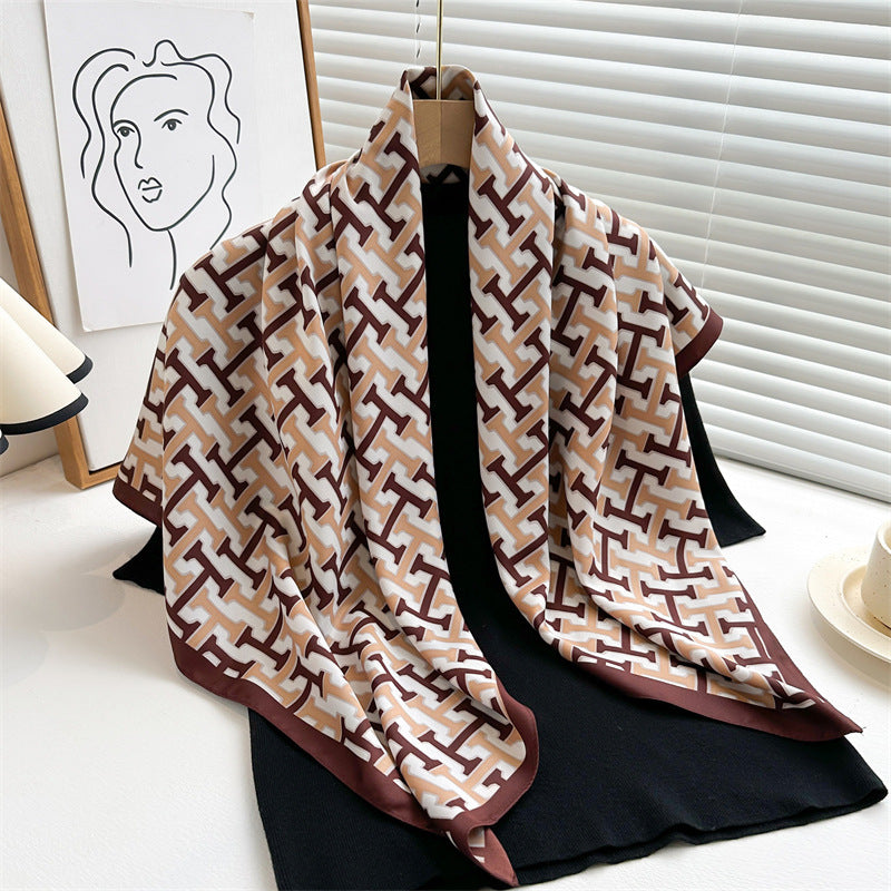 Women's Premium Twill Silk Scarf, Large Printed 90/90cm Striped Square Scarf