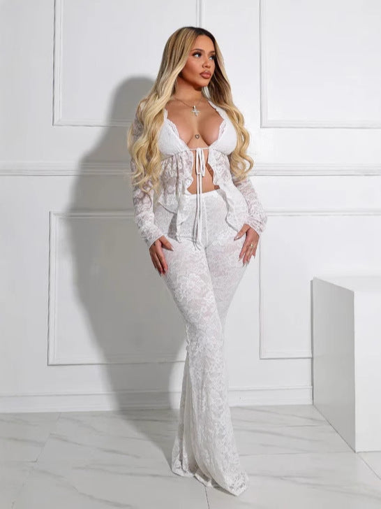 A two-piece set of women's sexy lace-up, hollowed-out cardigan, long-sleeved lace blouse and lace pants