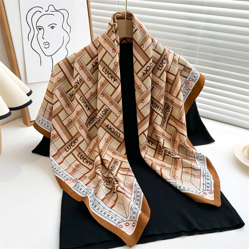 Women's Premium Twill Silk Scarf, Large Printed 90/90cm Striped Square Scarf
