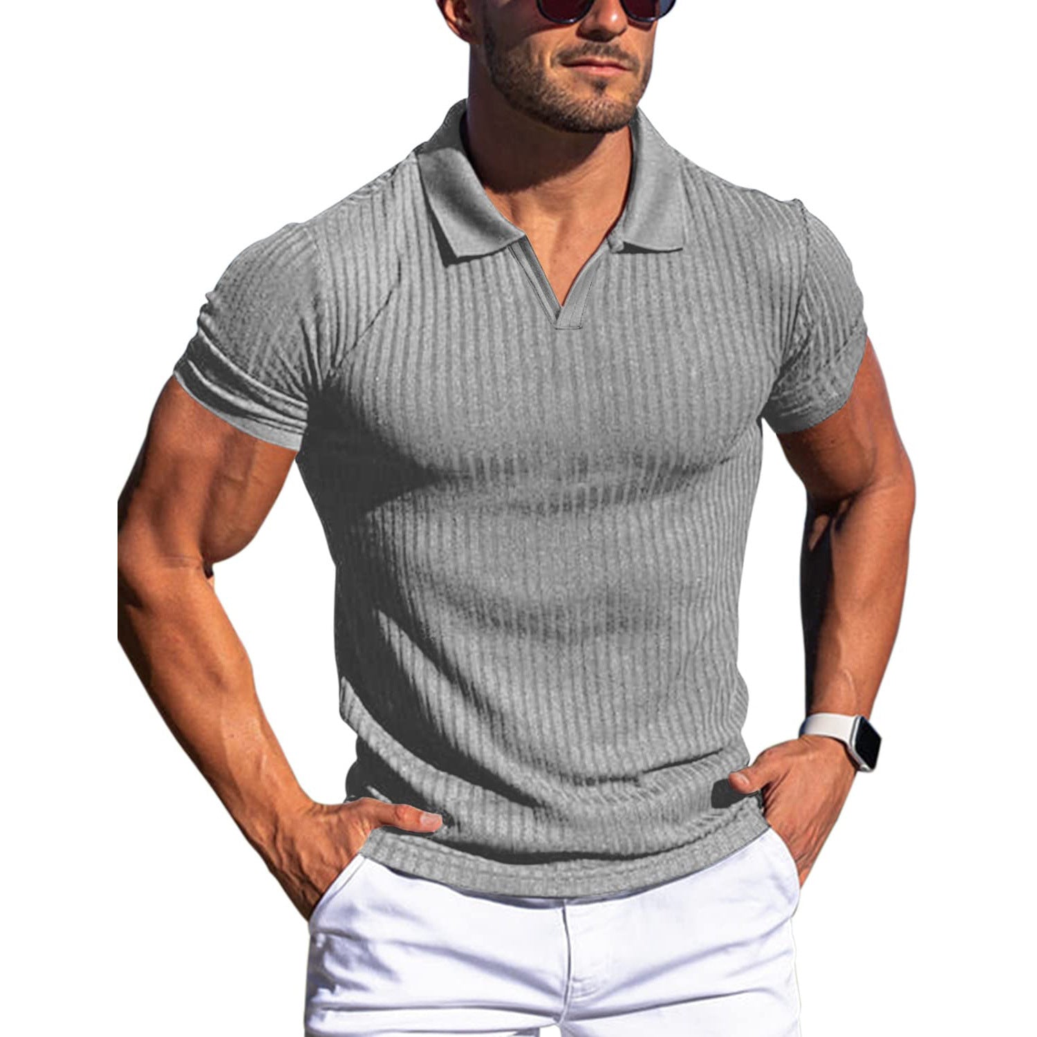 Men’s Vertical Stripe Polo Shirt V-Neck Short Sleeve Lapel Casual T-Shirt