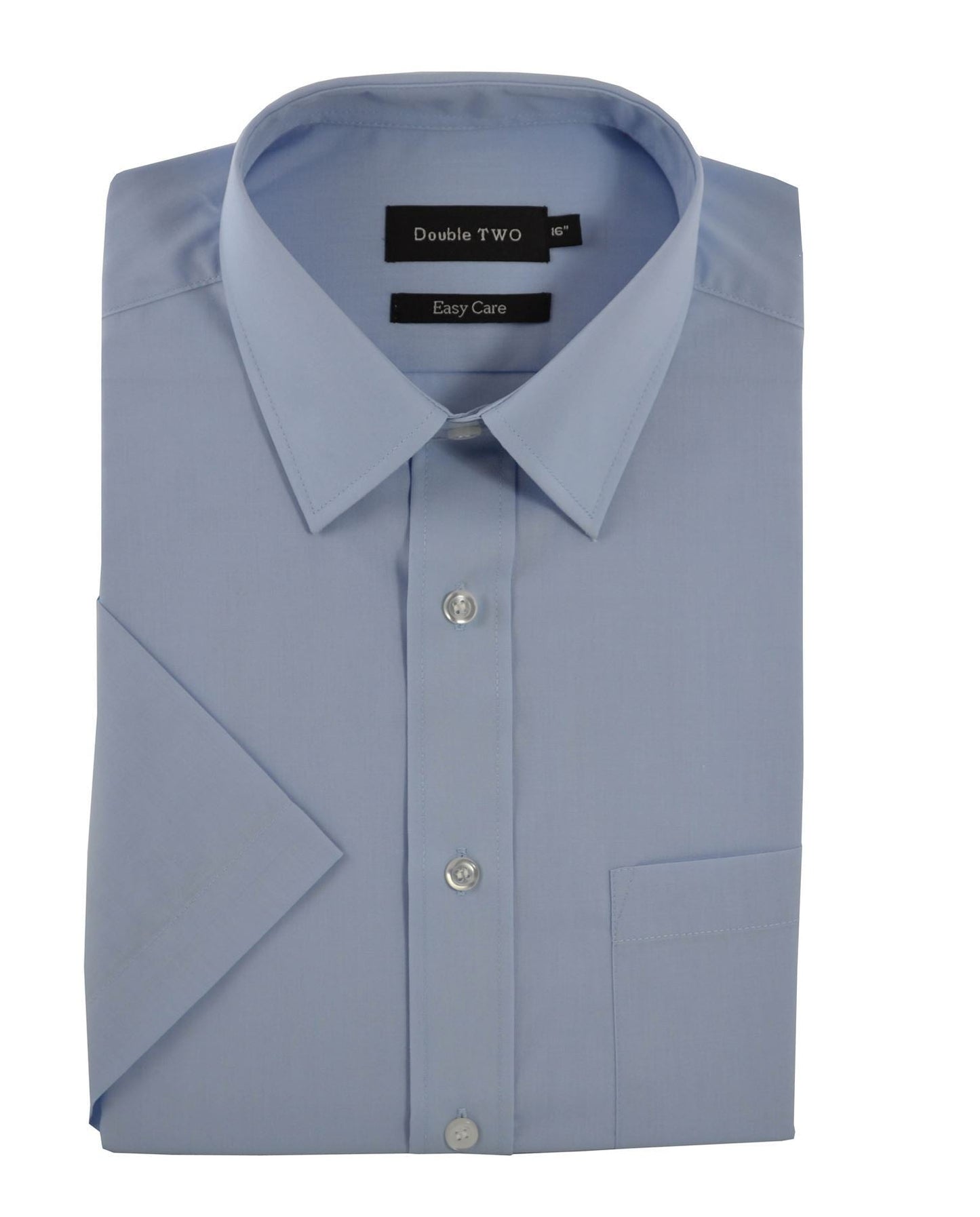 Folded light blue dress shirt with short sleeves on a white background