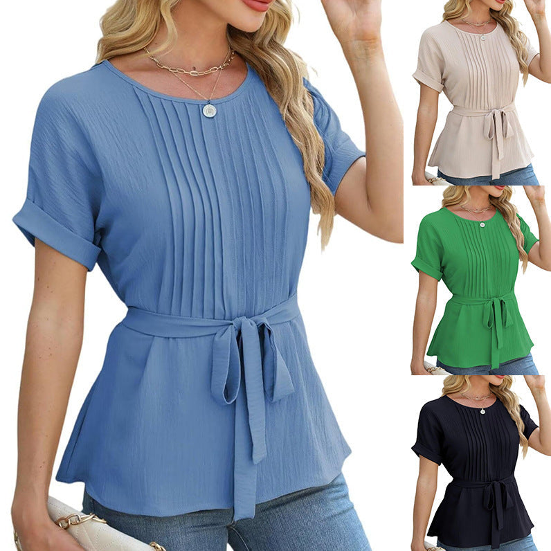 Womens Casual Shirt Ruffled Pleated Round Neck Short Sleeve Top