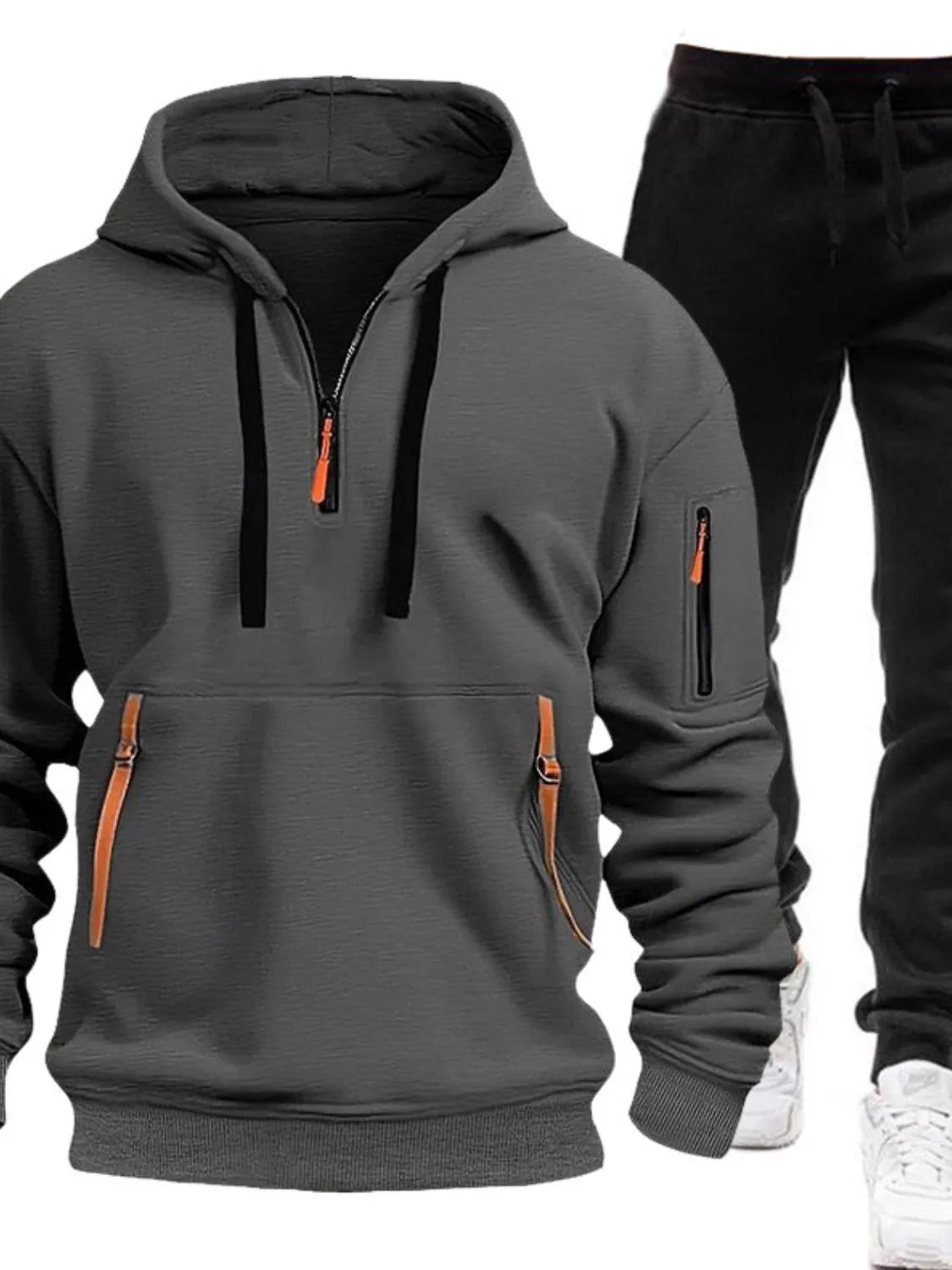 Men's Full Size Drawstring Half Zip Hoodie and Pants Set Plus Size