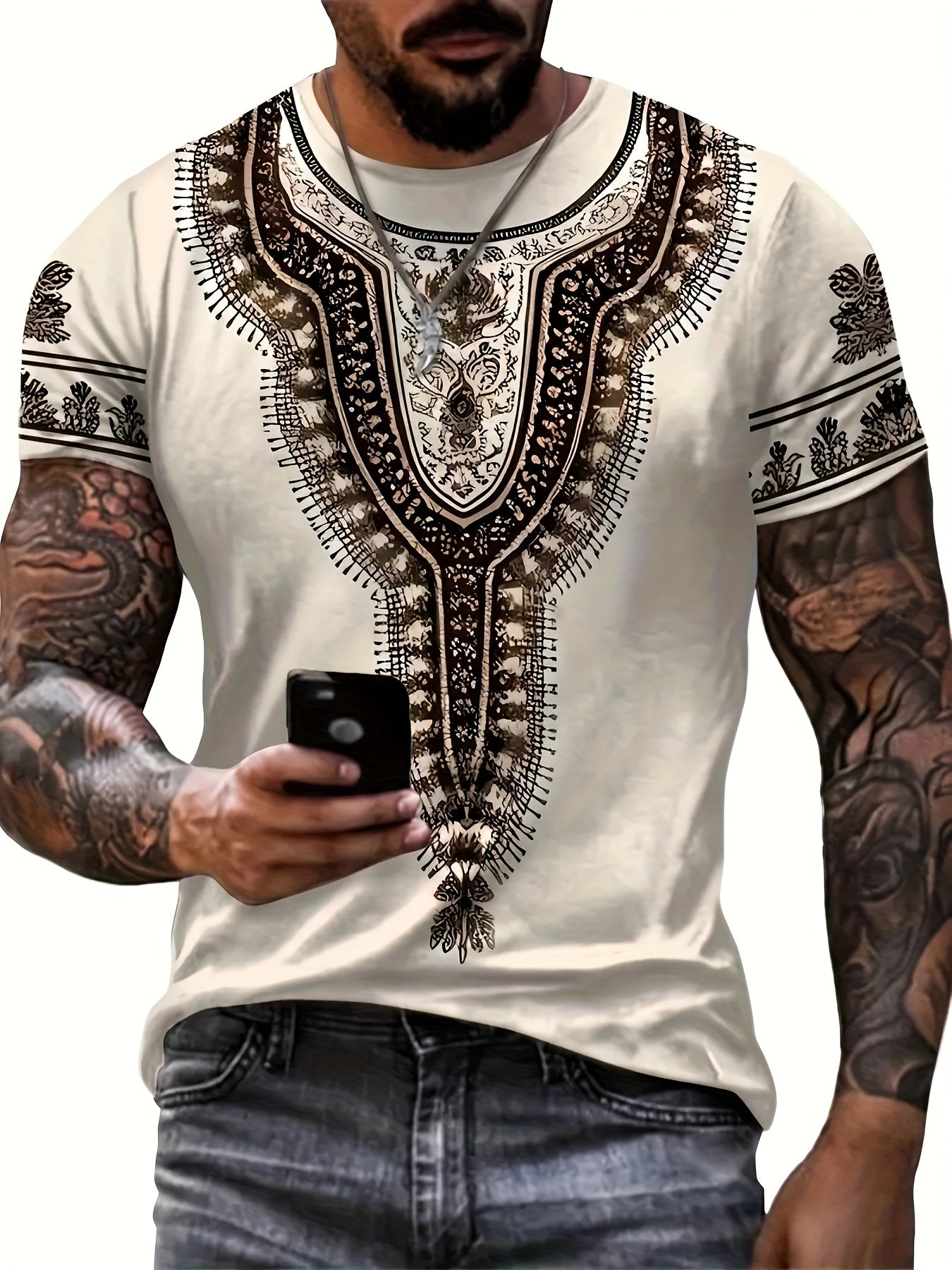 Men's Stylish Digital Print T-Shirt Short Sleeve Crew Neck with Intricate Floral Print Patterns