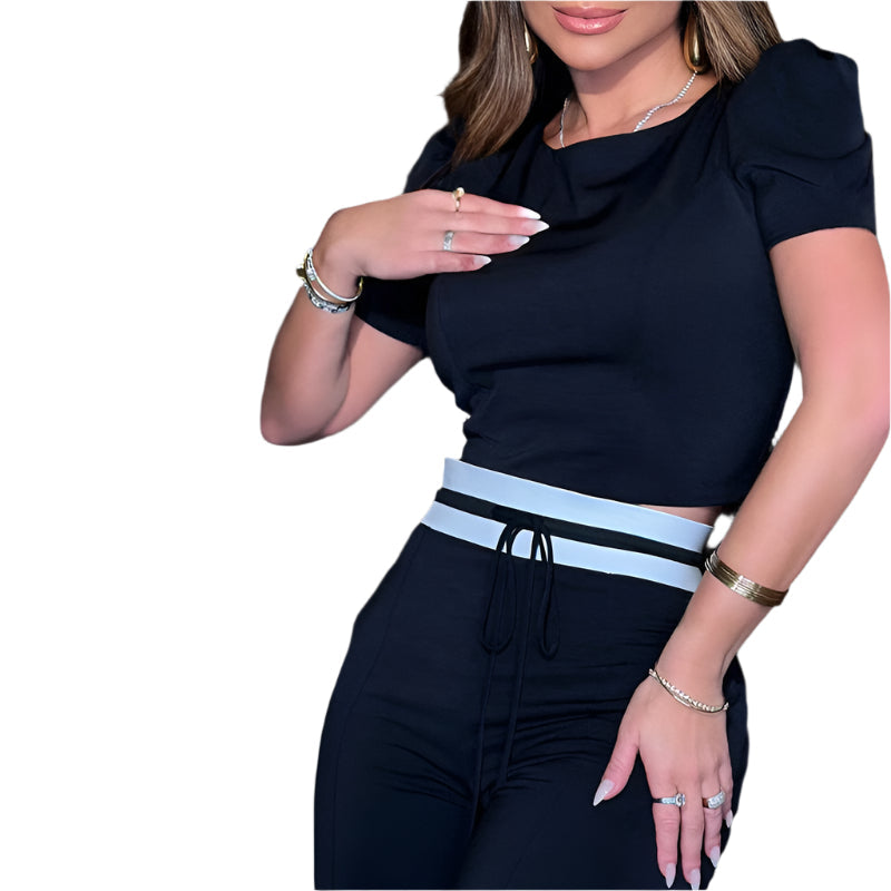 Women’s Autumn Puff Sleeve Top & Lace-Up Wide-Leg Trousers Set – Chic Casual Co-ord Outfit