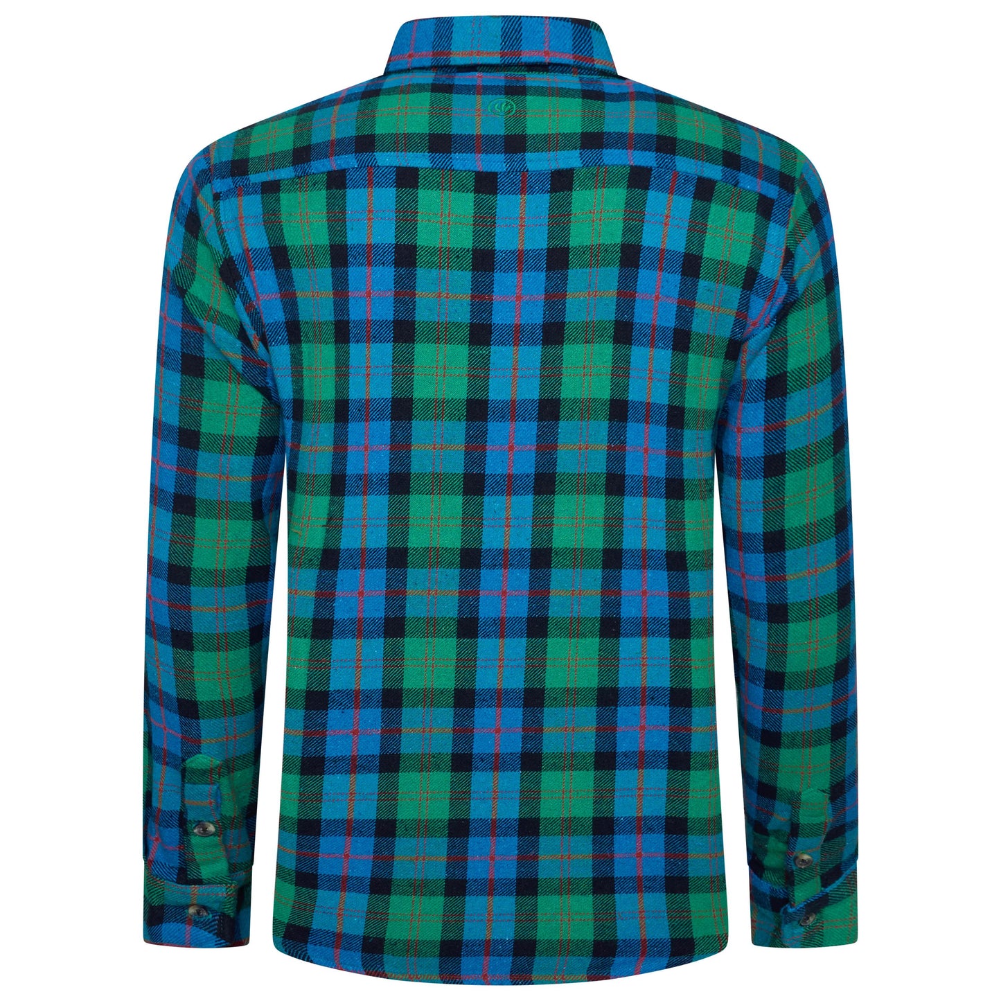 A long-sleeve plaid button-up shirt shown from the back, featuring a vibrant green, blue, and black tartan pattern with thin red accent lines.