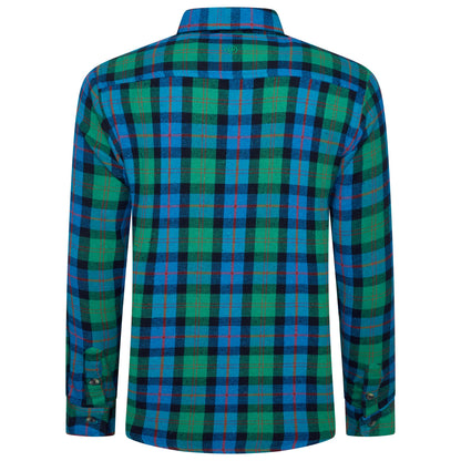 A long-sleeve plaid button-up shirt shown from the back, featuring a vibrant green, blue, and black tartan pattern with thin red accent lines.