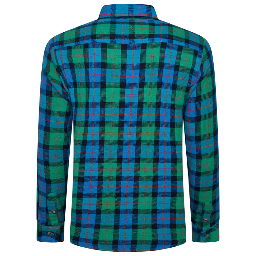 A long-sleeve plaid button-up shirt shown from the back, featuring a vibrant green, blue, and black tartan pattern with thin red accent lines.