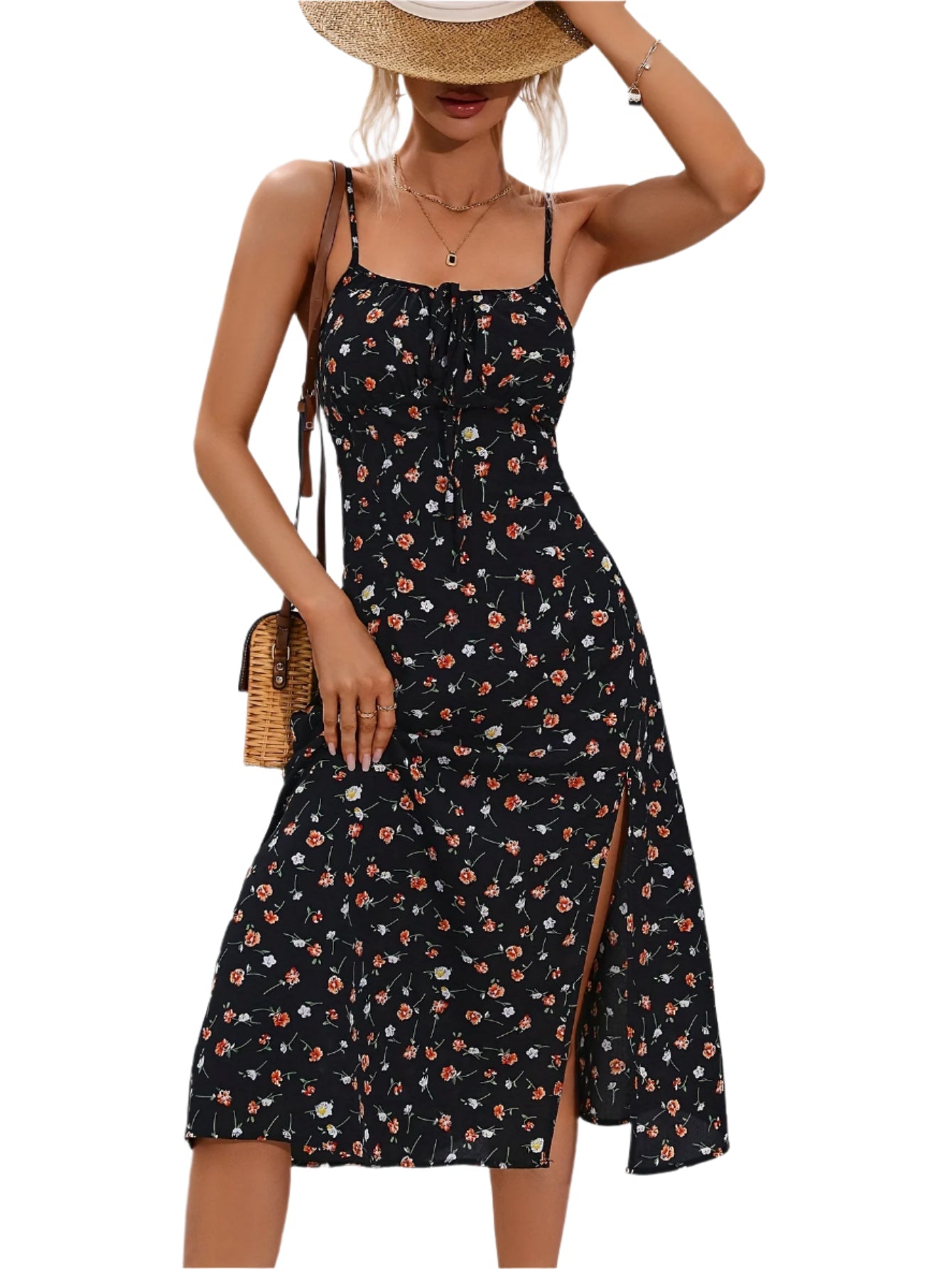 Spring/Summer New Vacation Style Dress, Women's Split Print Suspender Dress, Long Slimming Split Skirt