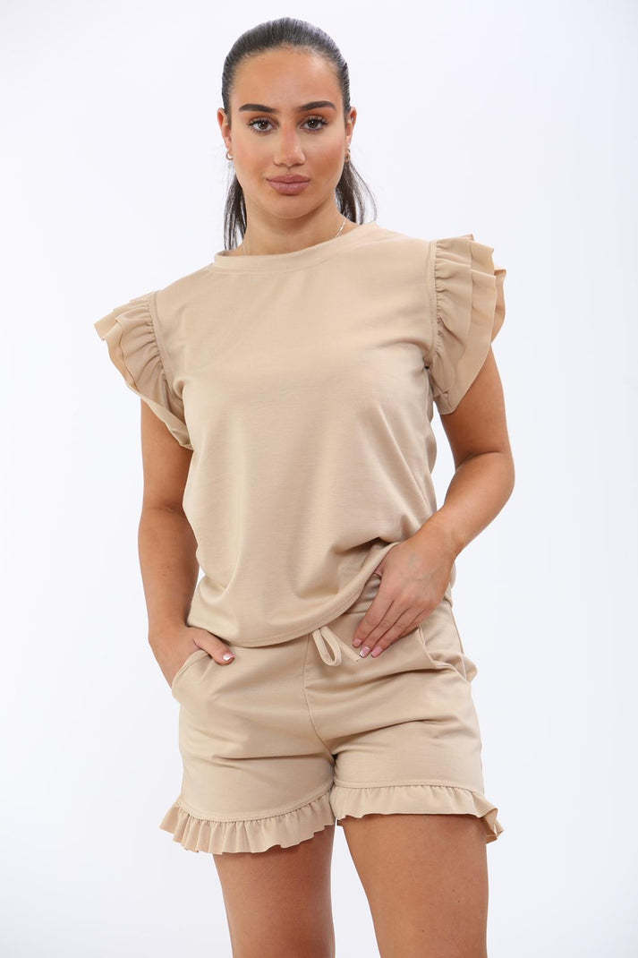 Women's Frill Peplum Sleeve Top & Shorts Set – 2-Piece Casual Tracksuit Outfit