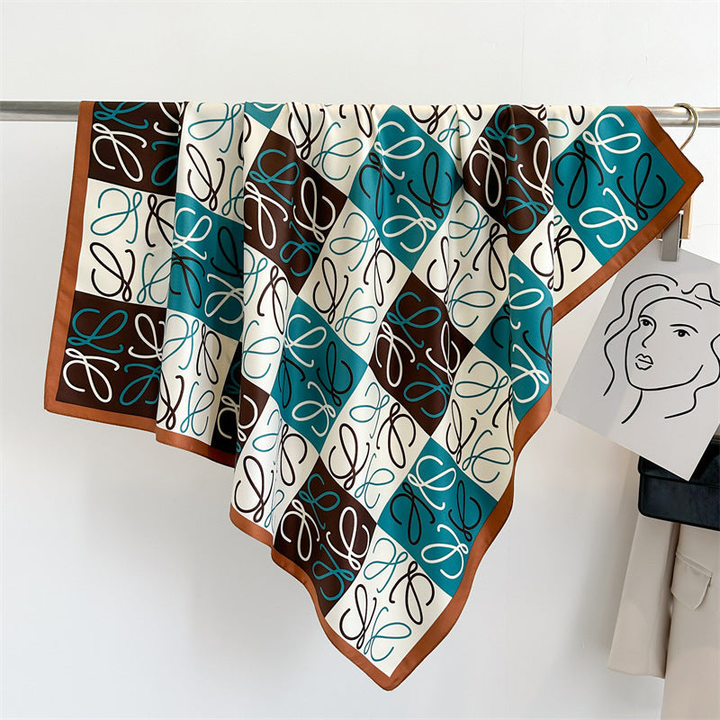 Women's Premium Twill Silk Scarf, Large Printed 90/90cm Striped Square Scarf