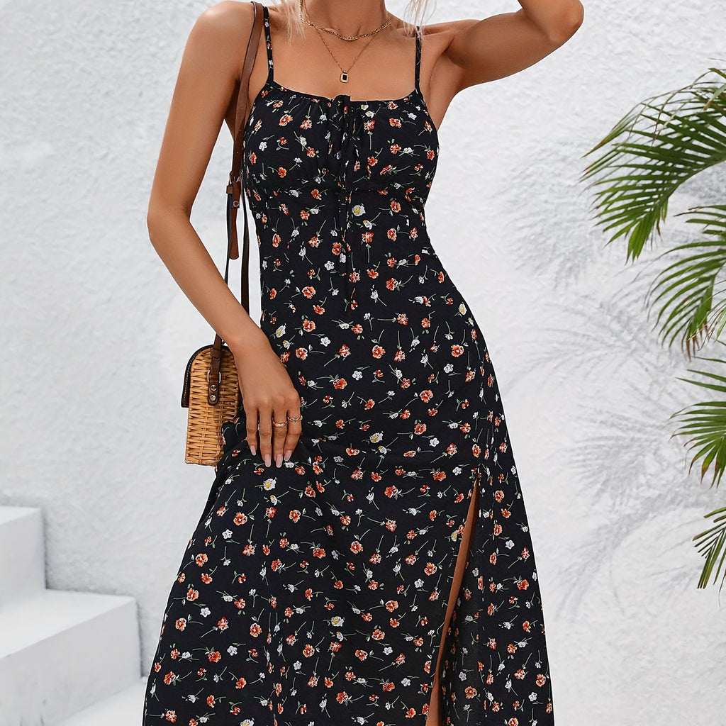 Spring/Summer New Vacation Style Dress, Women's Split Print Suspender Dress, Long Slimming Split Skirt