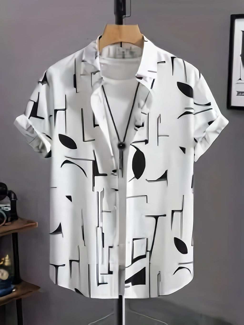 New Men's Casual Abstract Geometric Print, Button-Up Collar, Machine Washable Summer Shirt