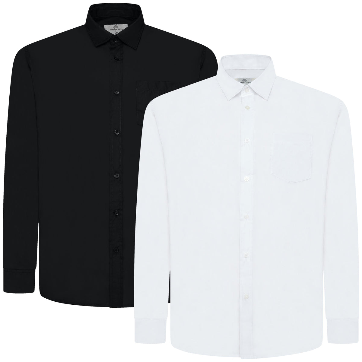 Two long-sleeve button-up dress shirts shown on a plain white background, with one black shirt behind and one white shirt in front.