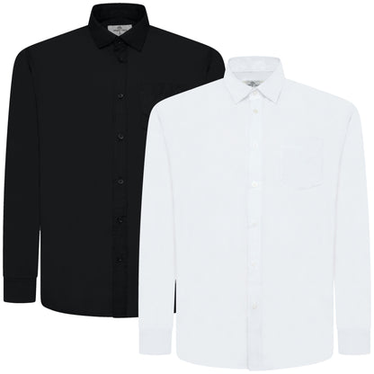 Two long-sleeve button-up dress shirts shown on a plain white background, with one black shirt behind and one white shirt in front.
