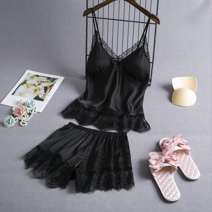 Elastic Satin Lace Nightdress With Korean Style Suspenders