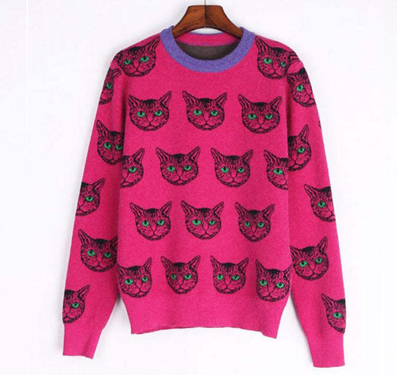 Pop Pink Cat Design Knit jacquard Sweater